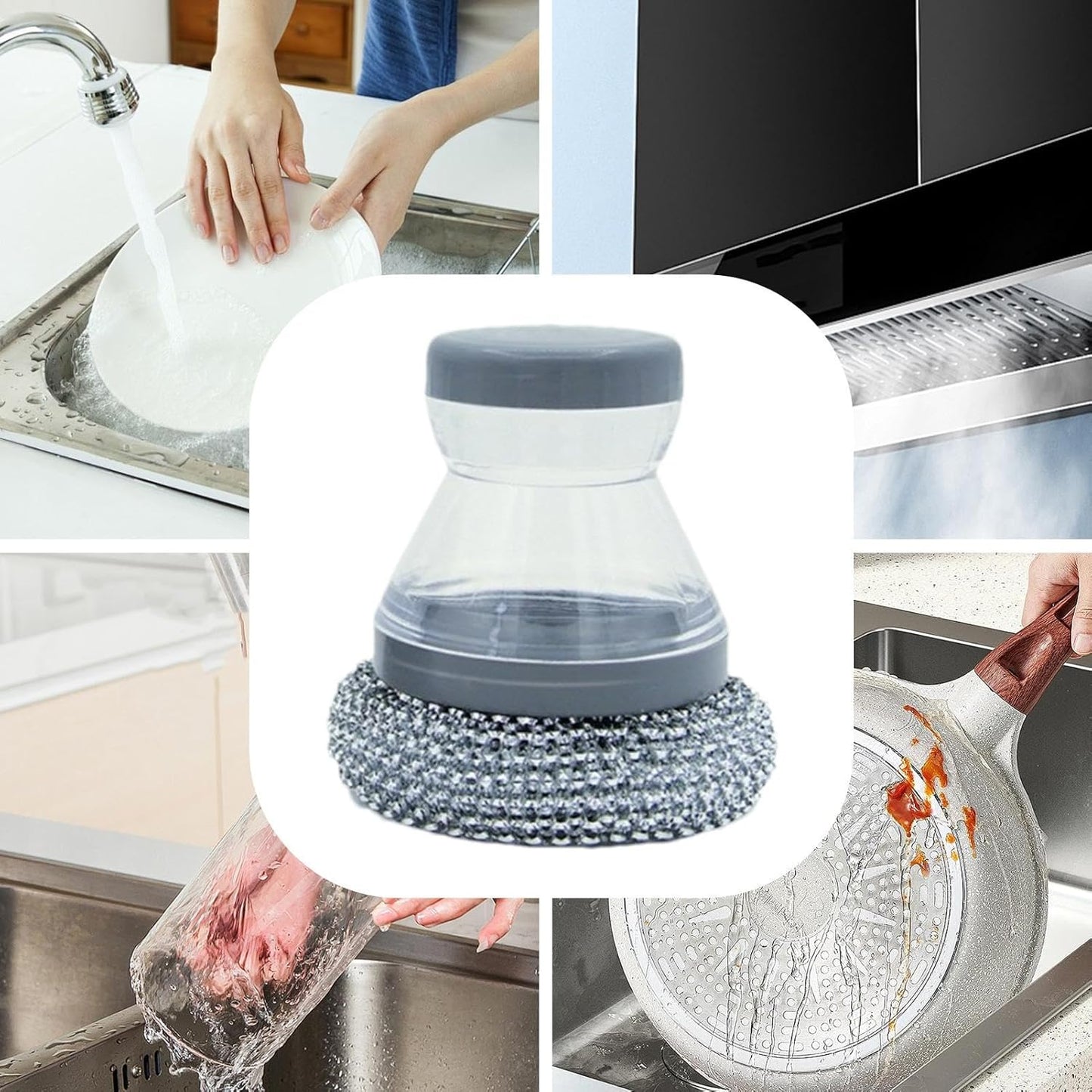 New Multi-Functional Liquid-Added Dispenser, Dish Scrubber with Soap Dispenser, Soap Dispensing Palm Brush, Kitchen Dishwashing Push-Type Cleaning Brush, Automatic Liquid-Added Steel Ball Brush