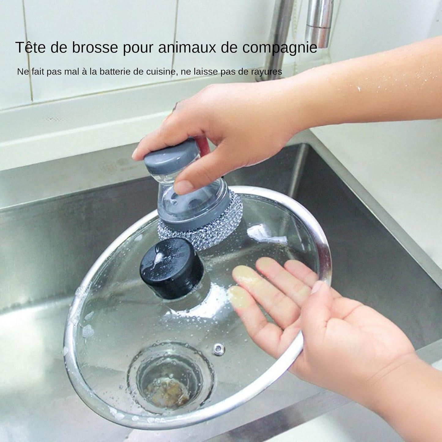 New Multi-Functional Liquid-Added Dispenser, Dish Scrubber with Soap Dispenser, Soap Dispensing Palm Brush, Kitchen Dishwashing Push-Type Cleaning Brush, Automatic Liquid-Added Steel Ball Brush