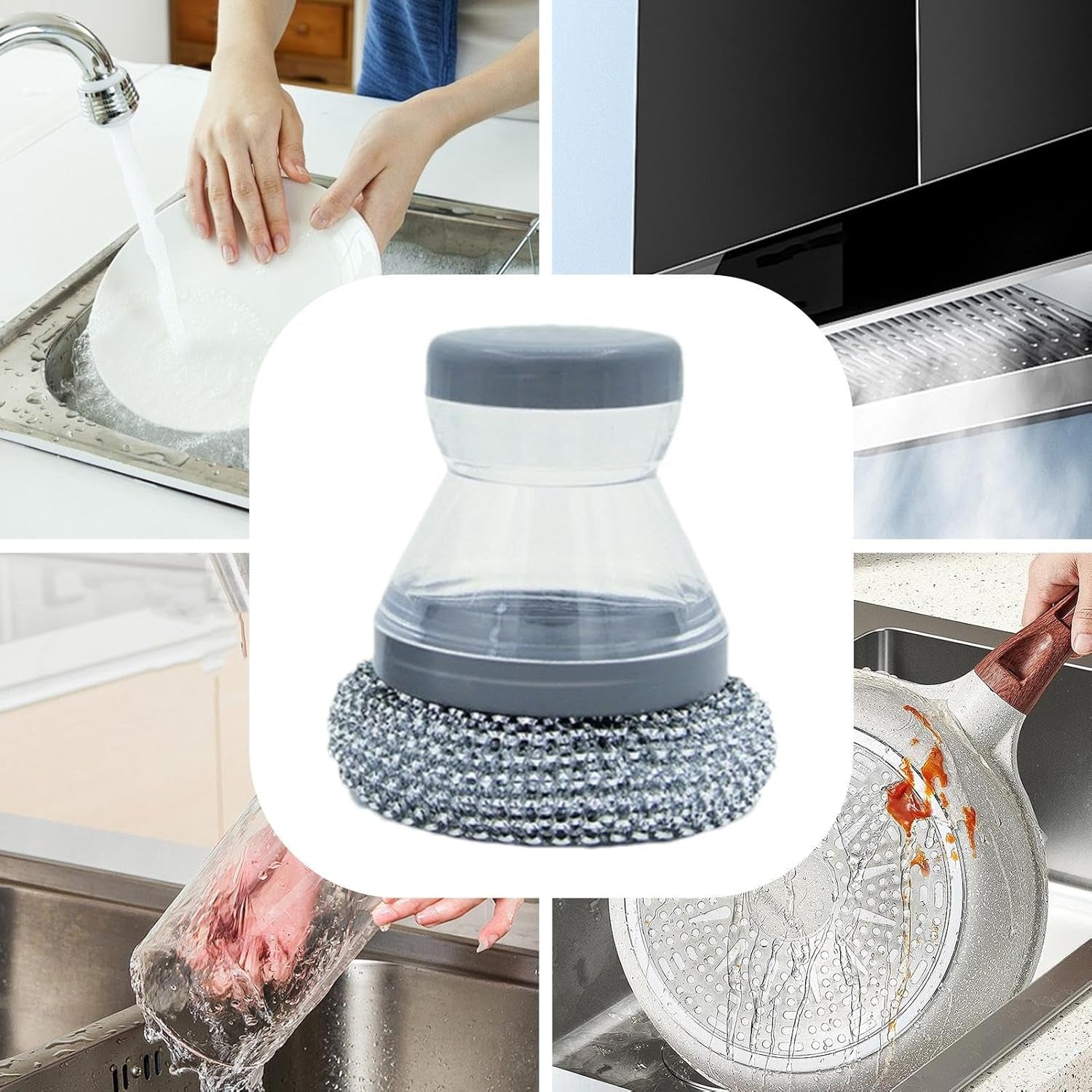 New Multi-Functional Liquid-Added Dispenser, Dish Scrubber with Soap Dispenser, Soap Dispensing Palm Brush, Kitchen Dishwashing Push-Type Cleaning Brush, Automatic Liquid-Added Steel Ball Brush