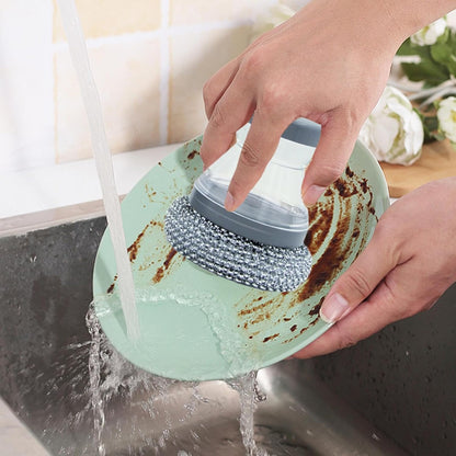 New Multi-Functional Liquid-Added Dispenser, Dish Scrubber with Soap Dispenser, Soap Dispensing Palm Brush, Kitchen Dishwashing Push-Type Cleaning Brush, Automatic Liquid-Added Steel Ball Brush